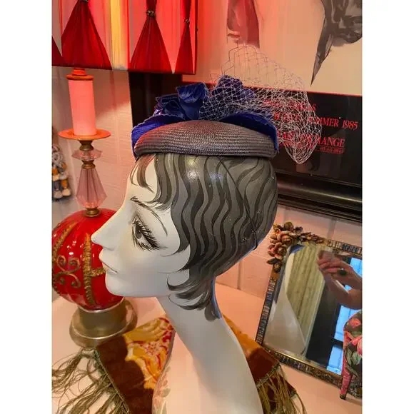 vintage style blue fascinator velvet flower 1950s style  display picture 3